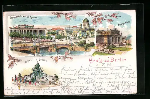 Künstler-AK Berlin, Schauspielhaus, Schlossbrücke und Lustgarten, Begas-Brunnen