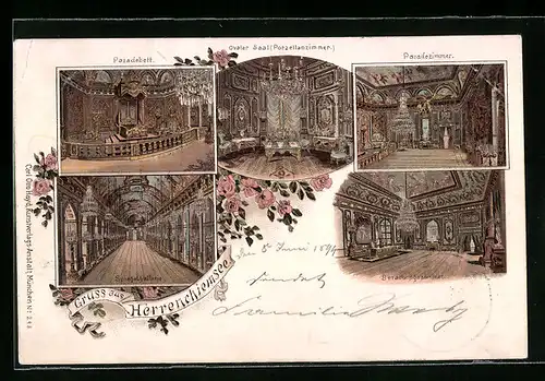 Lithographie Herrenchiemsee, Schloss, Innenansichten Beratungszimmer, Paradezimmer und Spiegelgallerie