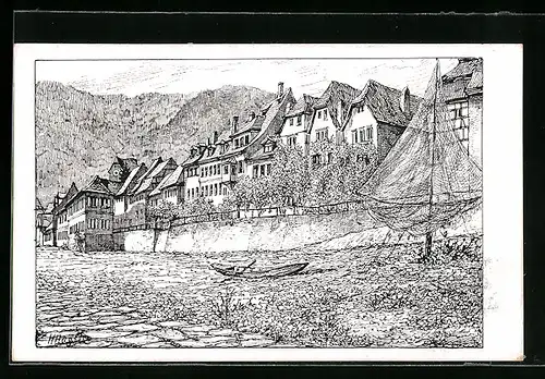 Künstler-AK Eberbach a. Neckar, Zwingerstrasse mit Boot