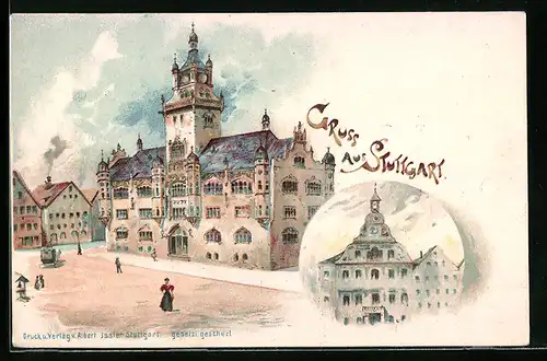 Lithographie Stuttgart, altes und neues Rathaus