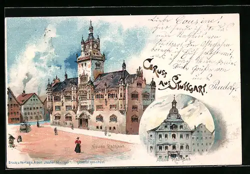 Lithographie Stuttgart, Altes und neues Rathaus