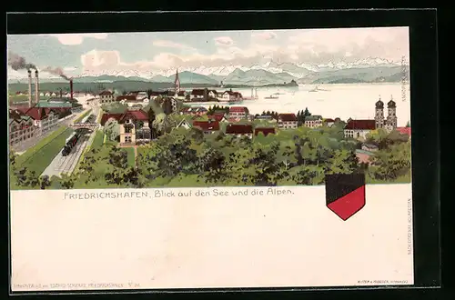 Künstler-AK Friedrichshafen, Blick auf den See und die Alpen mit Eisenbahn