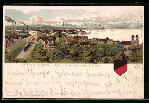 Künstler-AK Friedrichshafen, Blick auf den See und die Alpen mit Eisenbahn