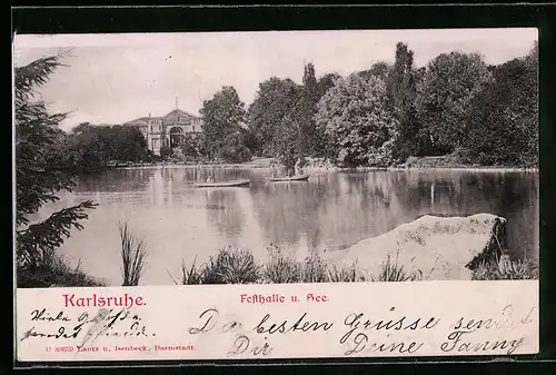 Relief-AK Karlsruhe, Festhalle und See