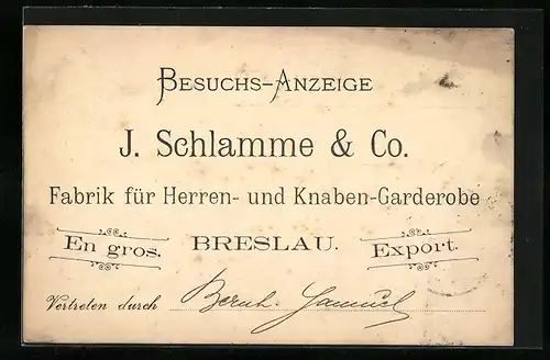 AK Breslau, Fabrik für Herren- und Knaben-Garderobe J. Schlamme & Co.