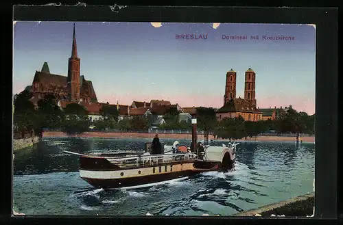 AK Breslau, Dominsel mit Kreuzkirche, Dampfer auf Fluss