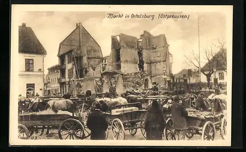 AK Ortelsburg, zerstörte Teilansicht des Marktes