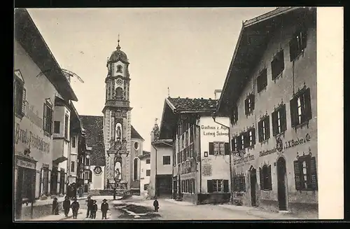 AK Mittenwald a. Isar, Gasthaus z. Alpen und Kirche am Obermarkt