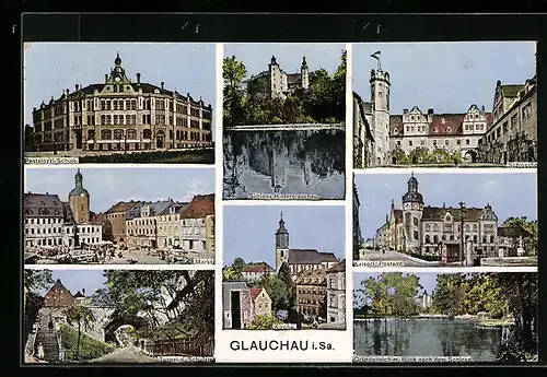 AK Glauchau / Sachsen, Pestalozzi-Schule, Schloss Hinterglauchau, Schlosshof