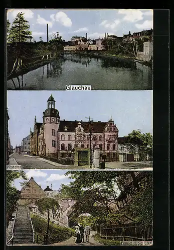 AK Glauchau, Postamt, Tunnel der Schulstrasse, Ortspartie