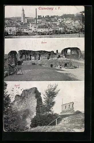 AK Elsterberg i. V., Ruine, Panorama mit Kirche