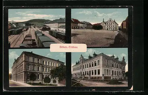 AK Ceska Trebova, Bahnhof, Gebäudeansicht, Platz