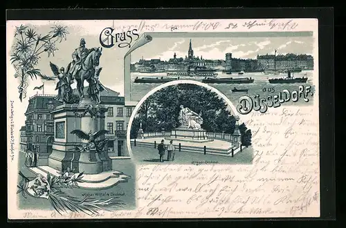 Lithographie Düsseldorf, Uferpartie mit Brücke, Kaiser Wilhelm-Denkmal, Krieger-Denkmal