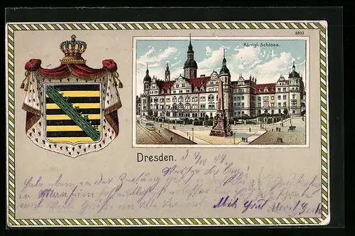Lithographie Dresden, am Königl. Schloss, Wappen