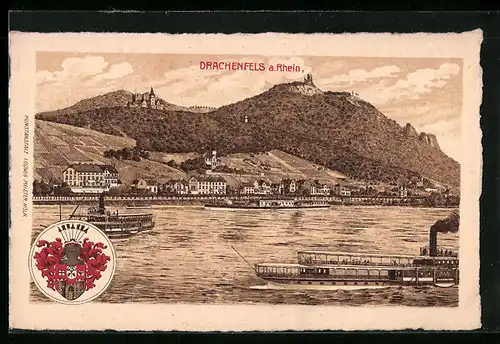 Lithographie Drachenfels a. Rhein, Ortspartie mit Fluss und Dampfern, Wappen