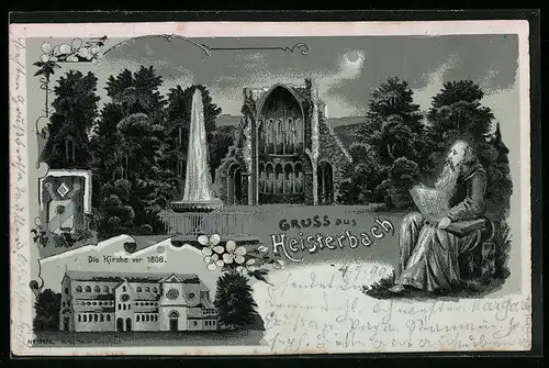 Lithographie Heisterbach, Blick auf Kirche vor 1808