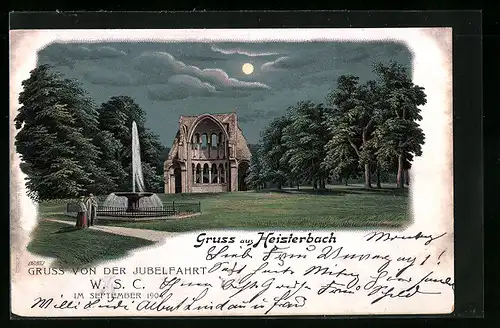 Lithographie Heisterbach, Paar am Brunnen vor Ruine im Mondschein