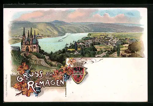 Lithographie Remagen, Totalansicht und Wappen