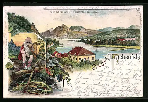 Lithographie Königswinter, Blick auf Nonnenwerth und Drachenfels