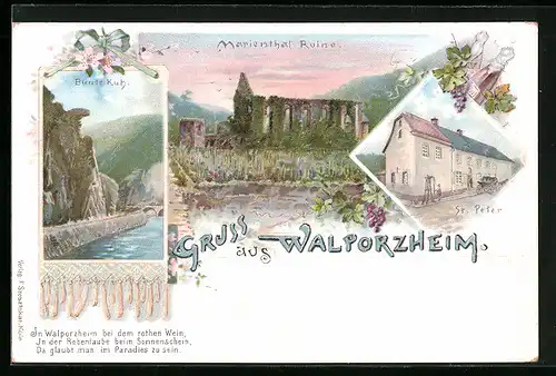 Lithographie Walporzheim, St. Peter, Marienthal Ruine und Bunte Kuh