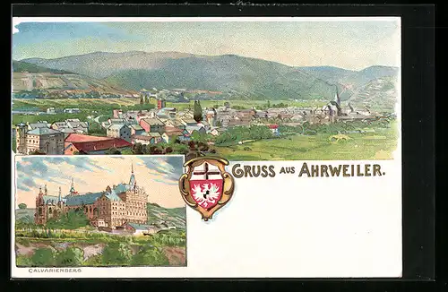 Lithographie Ahrweiler, Ortsansicht, Blick auf Schloss, Wappen