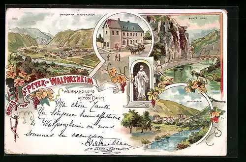 Lithographie Walporzheim, Gasthaus St. Peter, Blick auf das Marienthal, Weinhandlung von Anton Dahm