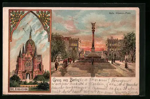 Lithographie Berlin-Kreuzberg, Belle Alliance Platz, Heil. Kreuz-Kirche