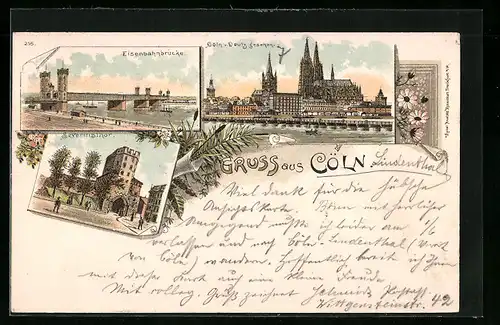 Lithographie Köln, Eisenbahnbrücke, Severinsthor, Flusspartie mit Blick auf den Dom