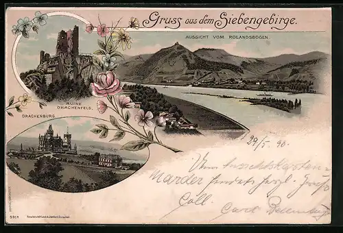 Lithographie Drachenfels /Siebengebirge, Ruine Drachenfels, Drachenburg, Aussicht vom Rolandsbogen