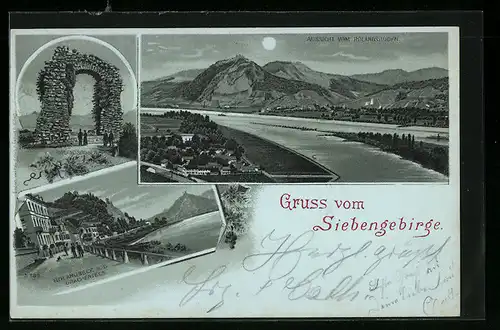 Lithographie Königswinter, Aussicht vom Rolandsbogen, Rolandseck und Drachenfels