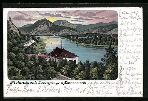 Lithographie Rolandseck, Siebengebirge und Nonnenwerth bei Sonnenaufgang