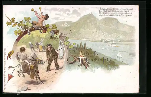 Lithographie Drachenfels mit Burg und bockiger Esel