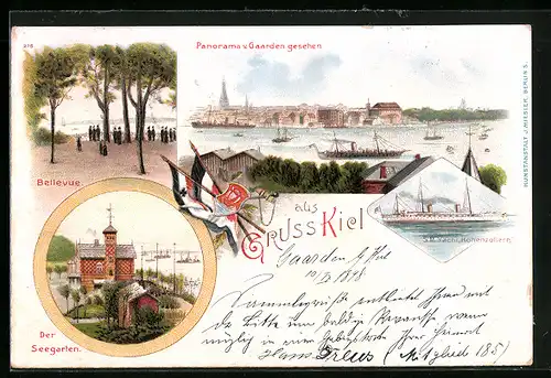 Lithographie Kiel, Panorama von Gaarden gesehen, Bellevue, Seegarten u. die Kaiserliche Yacht Hohenzollern