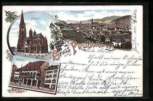 Lithographie Freiburg i. B., Strassenpartie mit Kaufhaus, Blick auf die Kirche