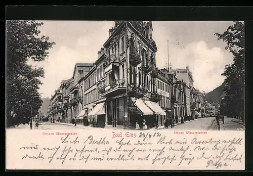 AK Bad Ems, Untere und Obere Römerstrasse mit Geschäften