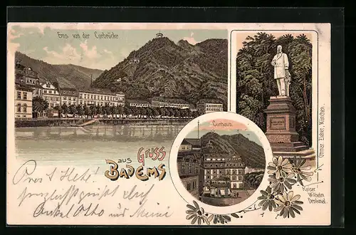 Lithographie Bad Ems, Curhaus, Kaiser Wilhelm Denkmal, Totalansicht von der Curbrücke