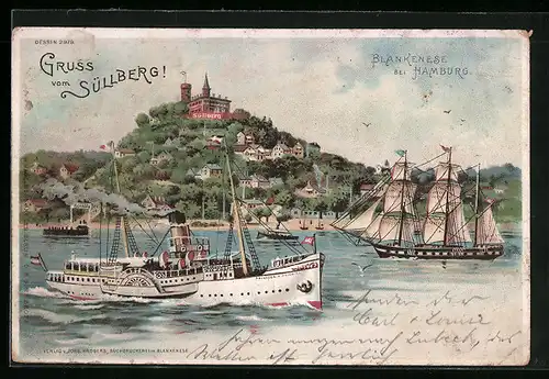 Lithographie Blankenese /Hamburg, Dampfer vor dem Süllberg