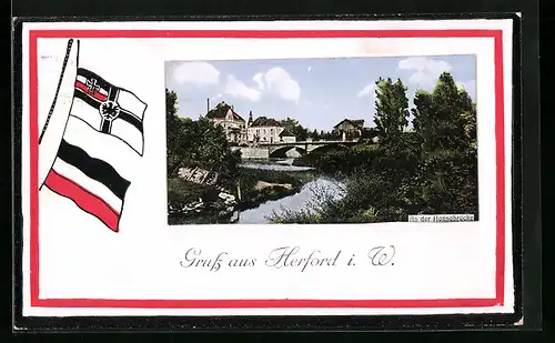 AK Herford i. W., An der Hansabrücke, Flaggen