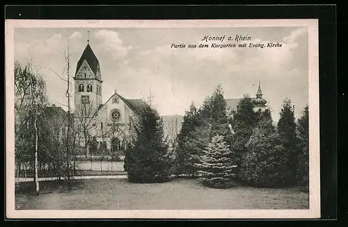AK Honnef a. Rhein, Partie aus dem Kurgarten mit Evangelischer Kirche