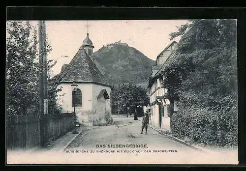 AK Rhöndorf /Siebengebirge, Alte Kirche mit Blick a. d. Drachenfels
