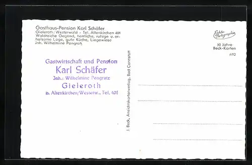 AK Gieleroth /Westerwald, Gasthaus-Pension Karl Schäfer, Innenansicht, Garten