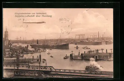 AK Hamburg, Zeppelin-Luftschiff über dem Hafen