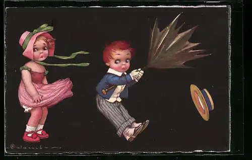 Künstler-AK E. Colombo: Sturm bläst dem Kavalier den Schirm hinfort