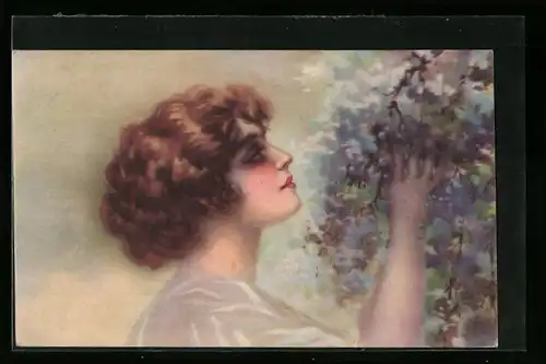 Künstler-AK Brünette am Blumenstrauch, Art Deco