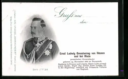 AK Portrait Ernst Ludwig Grossherzog von Hessen-Darmstadt, preussischer Generalmajor