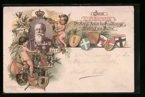 Künstler-AK Zum 70. Geburtstage Sr. Königl. Hoheit des Grossherzogs Friedrich von Baden, Wappen