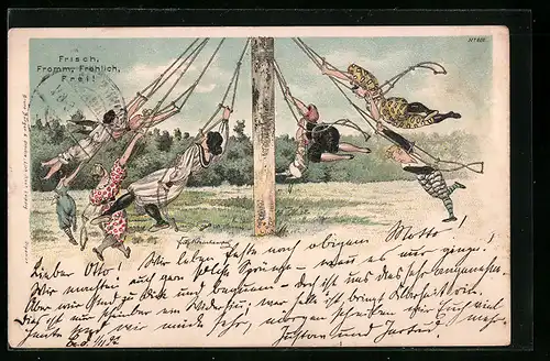 Künstler-AK Erich Kleinhempel: Frisch, Fromm, Fröhlich, Frei, Frauen spielen Kreisel