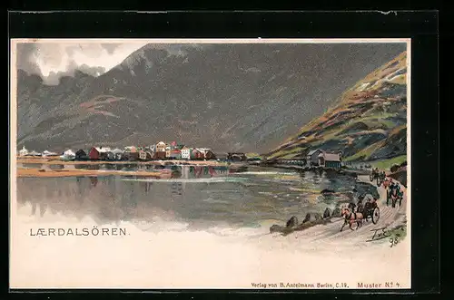 Künstler-AK Laerdalsören, Blick auf den Küstenort, Kutschen
