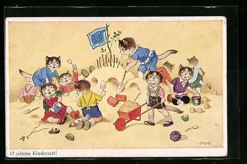 Künstler-AK Fritz Baumgarten: Katzenkinder spielen im Sand