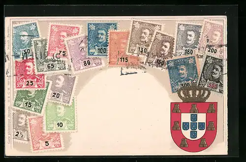 Lithographie Portugal, Briefmarken und Wappen mit Krone